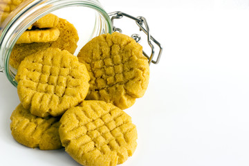 Homemade peanut butter cookies on white background
