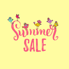 Fototapeta premium Summer sale vector background. Season discount with cute birds illustration. Special offer hand lettering banner.