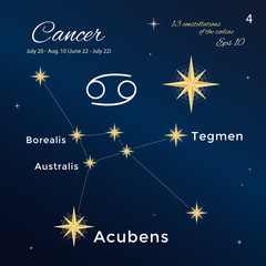 Cancer. High detailed vector illustration. 13 constellations of the zodiac with titles and proper names for stars. Brand-new astrological dates and signs. Vintage style