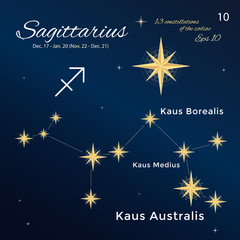 Sagittarius. High detailed vector illustration. 13 constellations of the zodiac with titles and proper names for stars. Brand-new astrological dates and signs. Vintage style