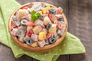 Potato salad with ham, mushroom, pepper, olive, crab