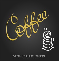 Vector lettering hand written coffee text. Calligraphy design font for poster or banner with illustration of cup on the white background