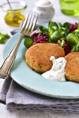 Salmon patties with mix salad leaves and yogurt sauce.Top view.