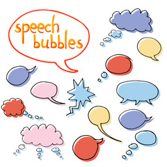 Vector set of cartoon hand drawn speech and thought communication bubbles. Isolated. outline. doodle. Colorful.