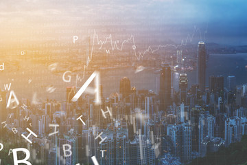 Double explosure with business charts and financial district.