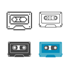 Set retro audio cassette flat, line and pixel icon