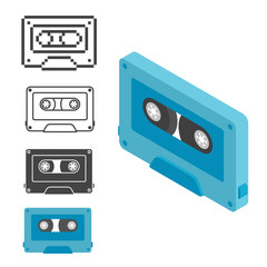 Set retro audio cassette isometric, line and pixel icon
