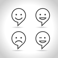 Set Smile Icon. Circle and square buttons. Happy face chat speech bubble symbol. Flat design.