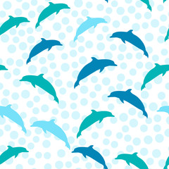Jumping dolphins, vector seamless summer pattern with sea animals. Marine style for print