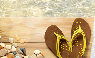 Summer beach vacation, flip flops on wood deck