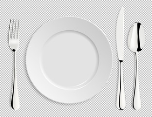 Realistic empty vector plate with spoon, knife and fork isolated. Design template in EPS10. - obrazy, fototapety, plakaty