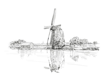 Scenic fields in the background windmills in Holland. Netherlands, Europe. Hand drawn vector illustration