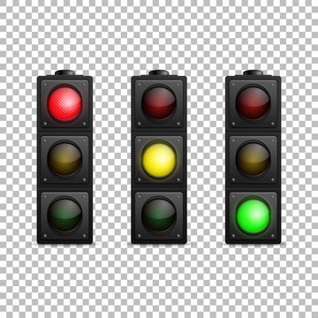 Vector realistic traffic light set. Isolated. Led backlight. Red, yellow and green color. Design template in EPS10.