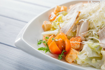 Healthy green organic caesar salad close up