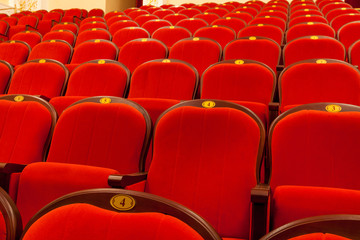 rows of red auditorium chairs in the theatre