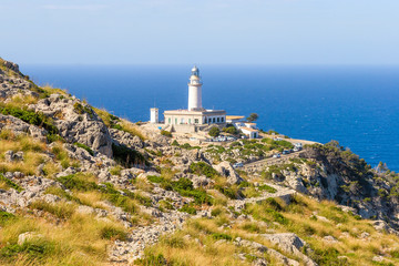 Fototapeta na wymiar Lighthouse at Cape Formentor in the Coast of North Mallorca near sea Spain