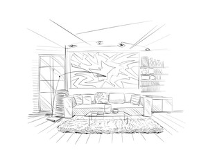 Obraz premium Hand drawn living room interior sketch design. Vector illustration