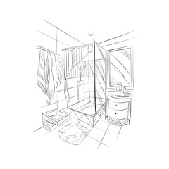 Hand drawn bathroom interior sketch design. Vector illustration
