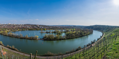 European River Max Eyth See Stuttgart Vineyards Sunny Landscape Beautiful Idyllic Blue Skies Clear Weather Green Slopes Mountains Water