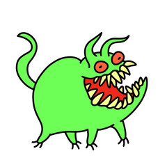Funny cute green monster smiles and runs. Vector illustration.