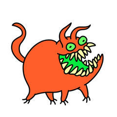 Funny cute red monster smiles and runs. Vector illustration.