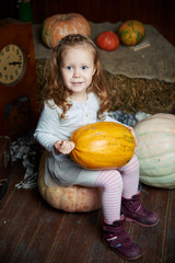 Fototapeta premium Portrait of adorable smiling girl posing with orange pumpkin in fall wooden interior. fine