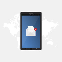 New message in black smartphone on background world map, notification icon. Flat vector illustration EPS 10