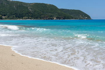 Panoramic view of Agios Ioanis beach with blue waters, Lefkada, Ionian Islands, Greece
