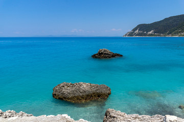 Panoramic view of Agios Nikitas Beach with blue waters, Lefkada, Ionian Islands, Greece
