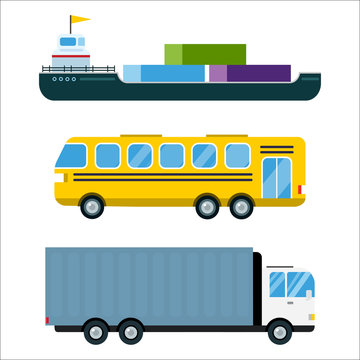 Transport delivery vector isolated white transportation car bus van fire truck helicopter ship silhouette icon tanker business logistic shipment set