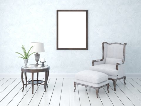 Mock up the living room in retro style on a gentle trendy background.