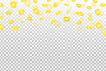 Vector realistic effect with falling coins on the transparent background.