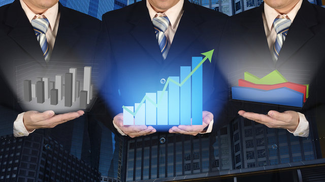 Double exposure of three businessman with growth financial graph chart with arrow on businessman hand, building background.
