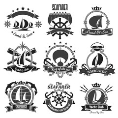 Obraz premium Morskie symbole heraldyczne, zestaw ikon wektorowych morskich