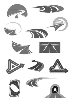 Road vector icons of travel, construction company