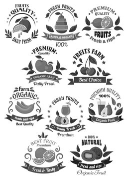 Fruits for farm store or juice label vector icons