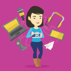 Young woman surrounded with her gadgets.