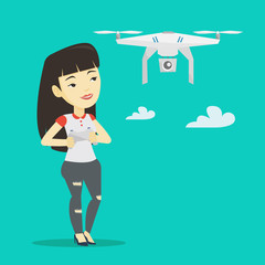 Woman flying drone vector illustration.