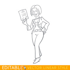 Woman holds a signed contract. Editable line sketch. Stock vector illustration.