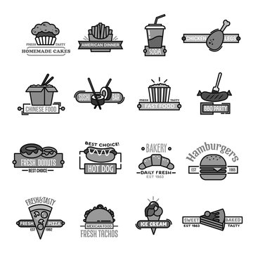 Fast food vector icons of sushi seafood and bakery