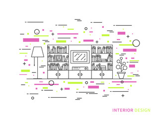 Linear flat interior design illustration of modern designer living room interior space with flower, shelves, bookcase. Outline vector graphic concept of living room interior