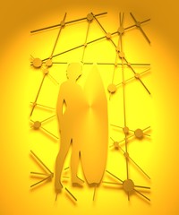 Woman posing with surfboard. Gold metal silhouette. Molecule And Communication Background. Modern brochure or report design template. 3D rendering