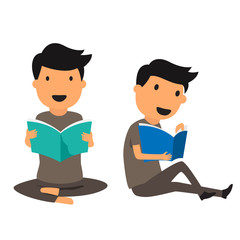 Smiling man sitting on a floor and reading a book isolated, cartoon education concept vector illustration.