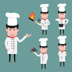 Funny chef cartoon characters in various poses with cookware, cooking cartoon chef collection vector illustration.
