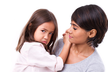 frustrated, crying daughter with her well-caring mother, concept of good caring family