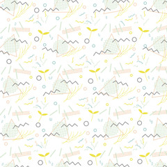 Obraz premium Trendy geometric elements memphis card. Pattern for tissue and postcards. Spring poster, blue and pink color background. Vector illustration