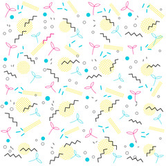 Trendy geometric elements memphis card. Pattern for tissue and postcards. Spring poster, blue and pink color background. Vector illustration
