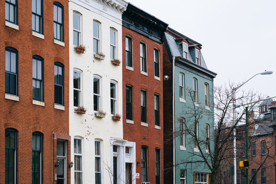 Brick row houses in Mount Vernon, Baltimore, Maryland.