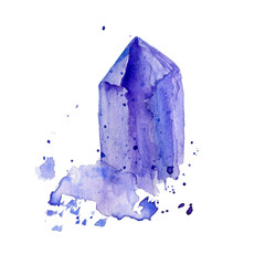 Watercolor purple crystal amethyst cluster hand drawn painting illustration isolated on white background, tanzanit gem stones for design fashion advertising, geological logo, scrapbook, jewelry stores