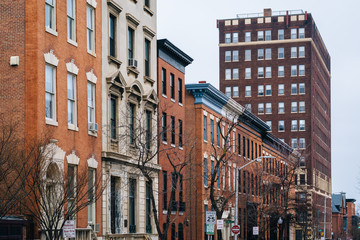 Historic buildings along Eager Street, in Mount Vernon, Baltimore, Maryland.